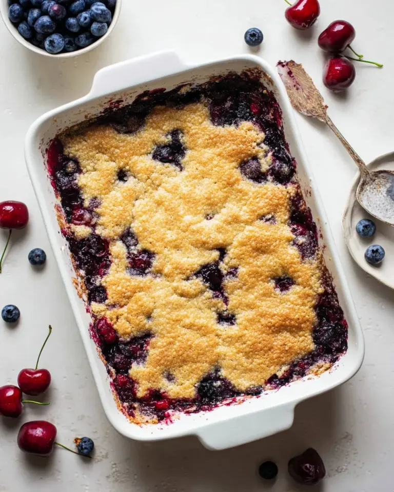 Fresh mixed berry dump cake served in a bowl