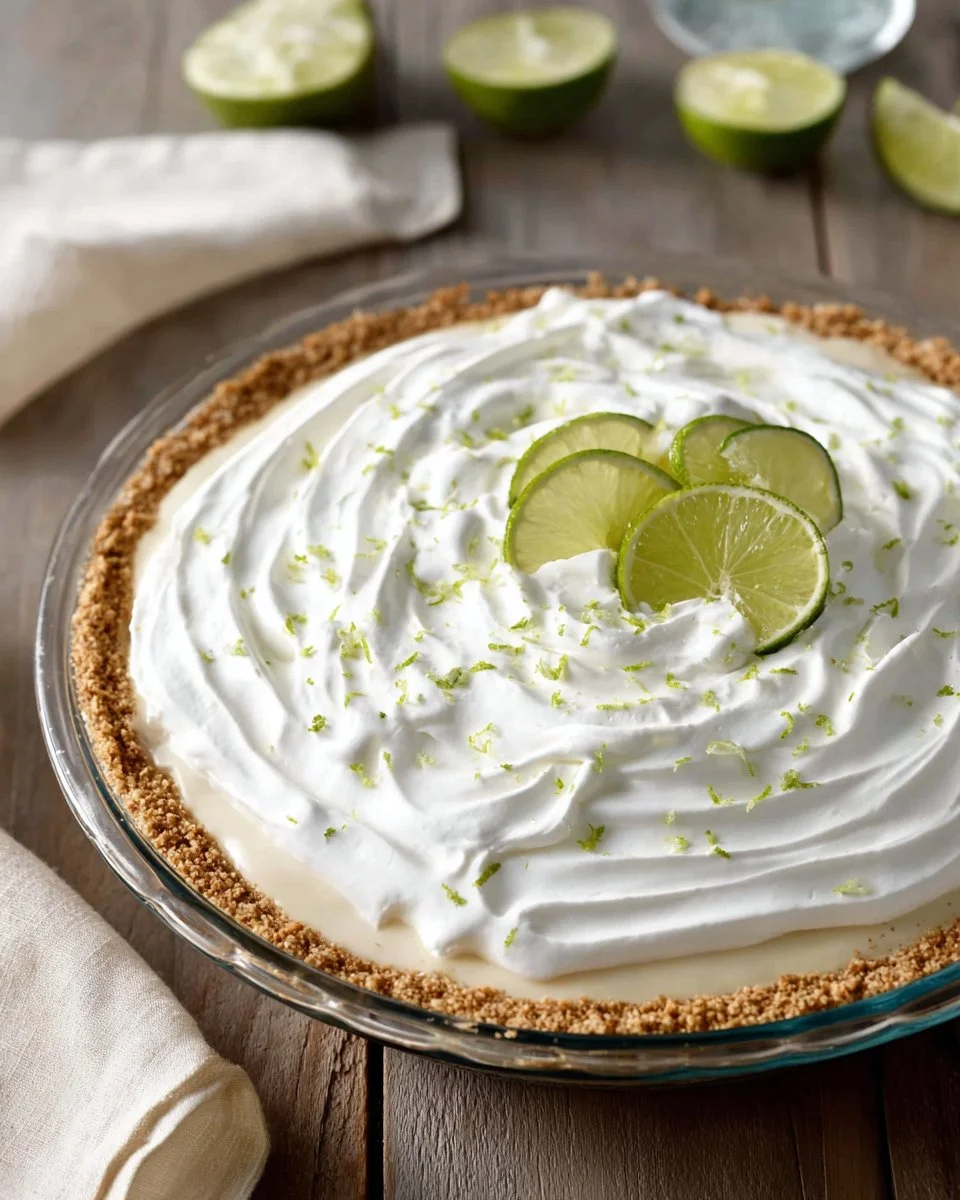 No Bake Key Lime Pie topped with whipped cream and lime zest