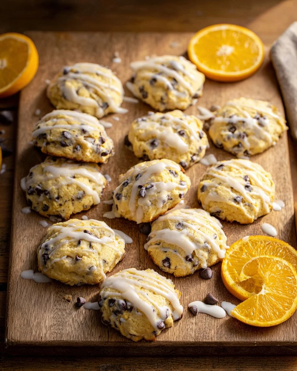 Orange chocolate chip ricotta cookies on a cooling rack, fresh and delicious.