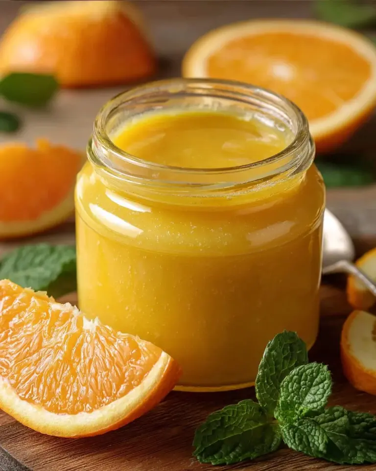 Homemade orange curd in a jar with slices of fresh oranges