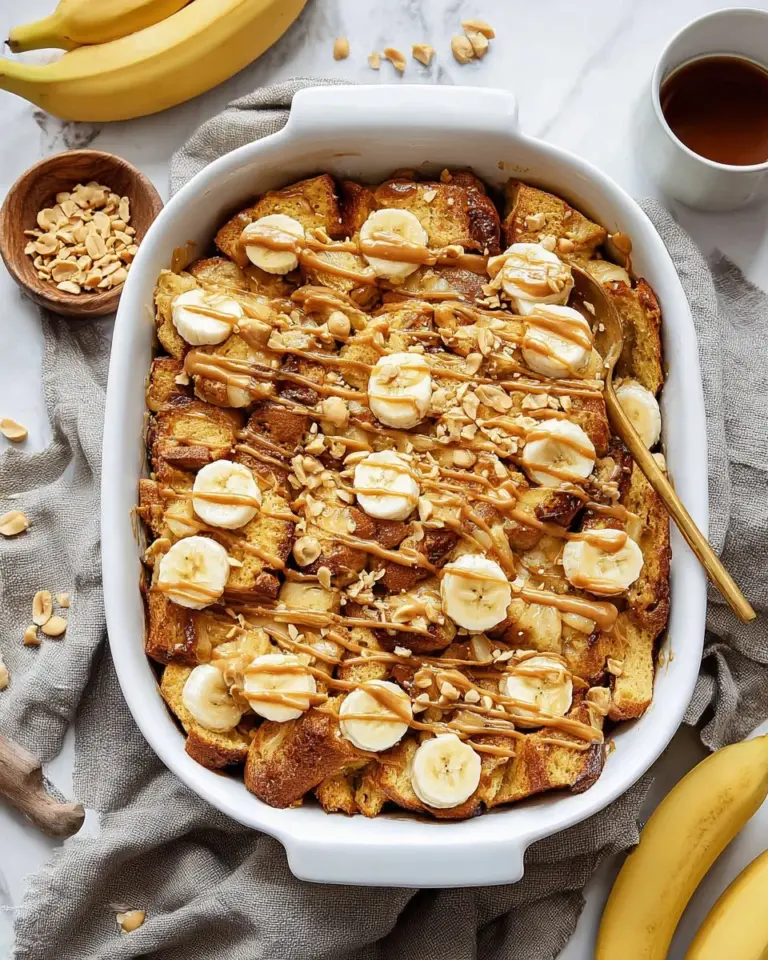 Peanut Butter Banana Overnight French Toast topped with sliced bananas and syrup