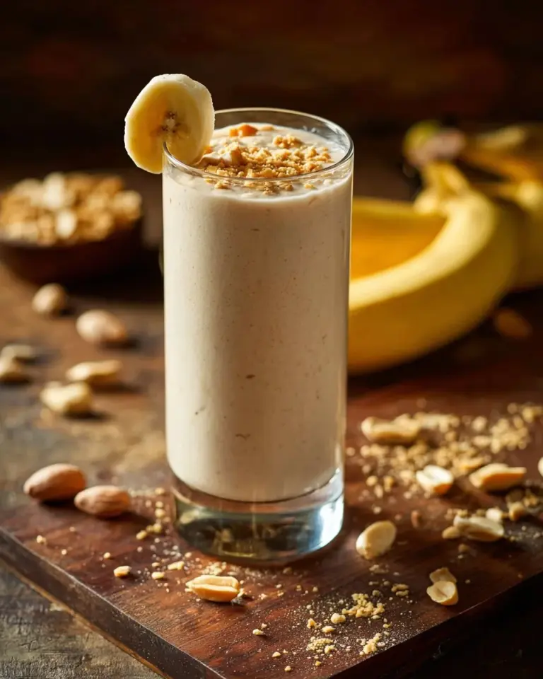 Delicious Peanut Butter Banana Smoothie in a glass with banana slices on top