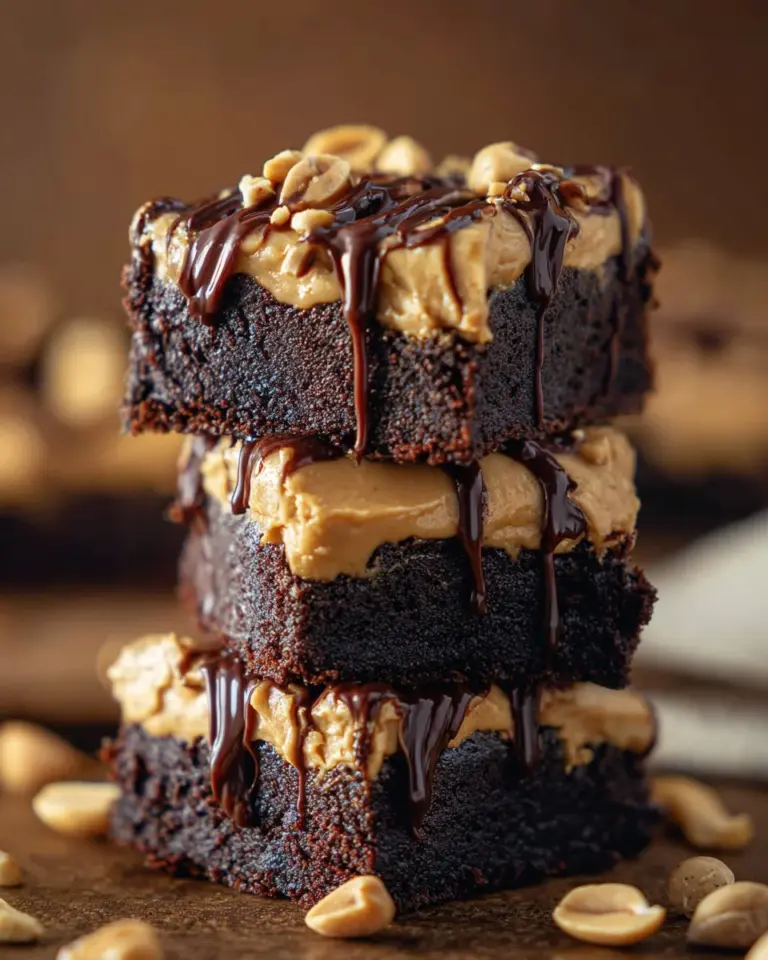 Delicious Peanut Butter Mousse Brownies topped with creamy mousse