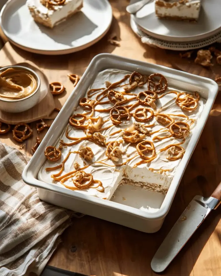 Delicious pretzel crust dessert with a sweet and salty flavor profile.