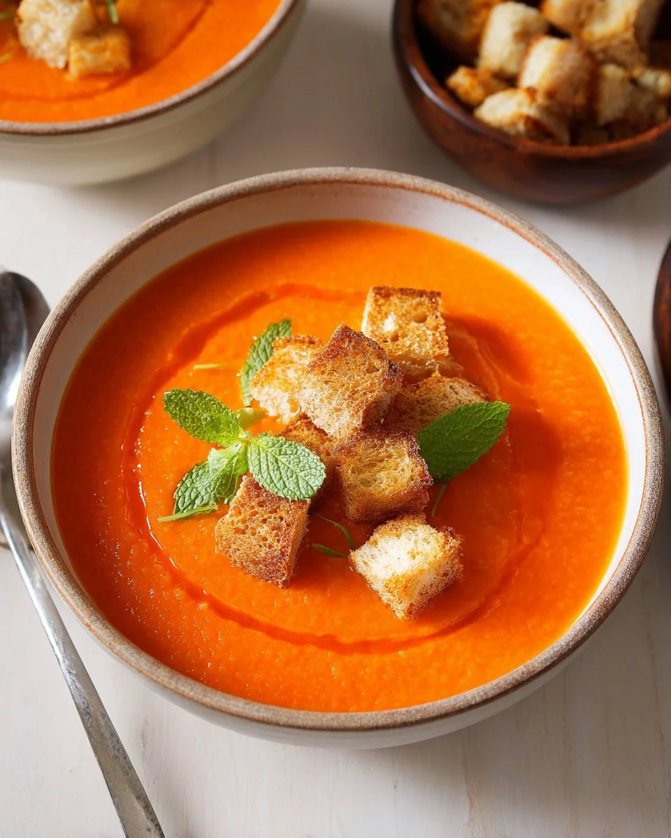 A bowl of creamy Pumpkin Tomato Soup garnished with fresh herbs.