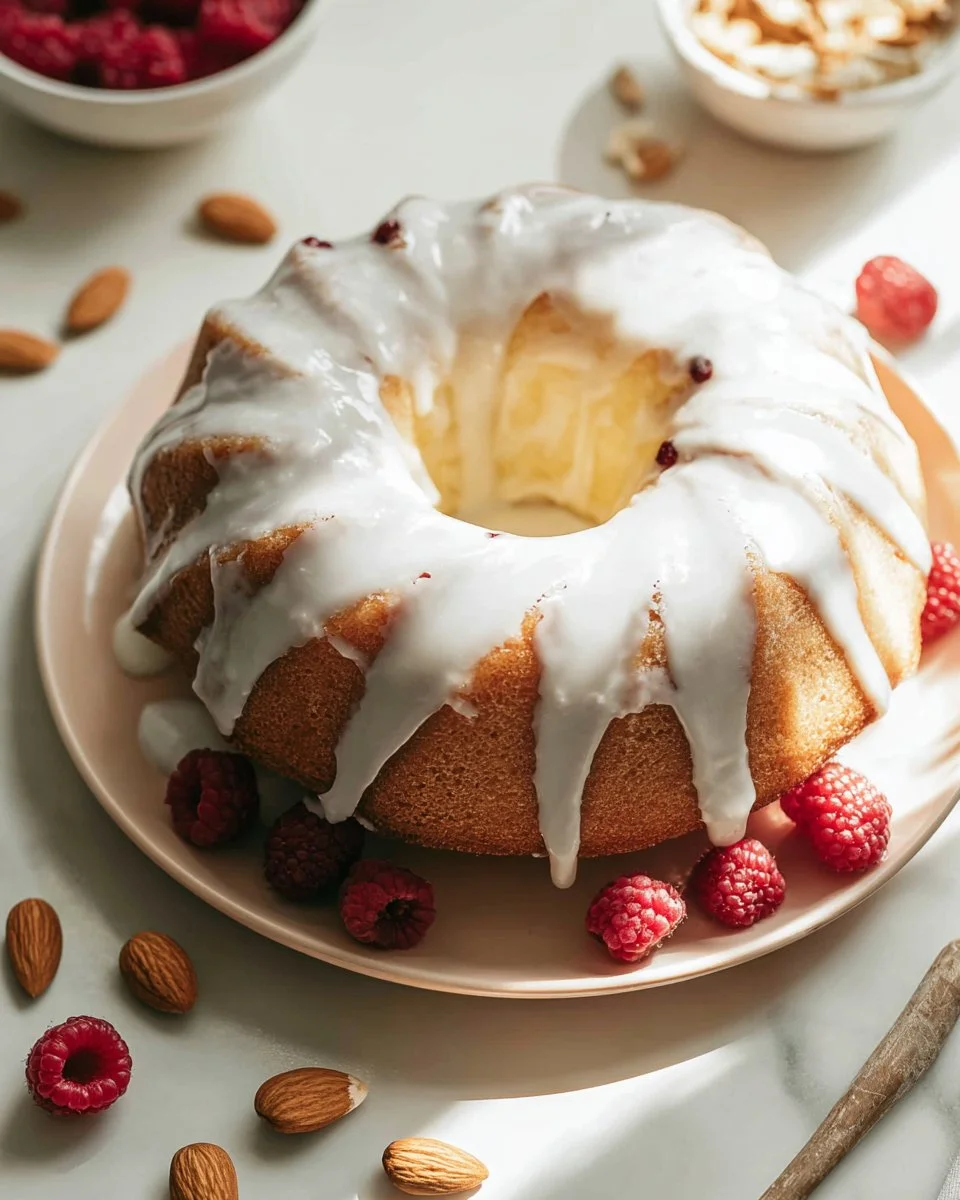 Slice of delicious Raspberry Almond Pound Cake on a white plate.