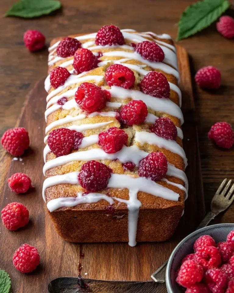 Freshly baked Raspberry Loaf with ripe raspberries on a wooden table