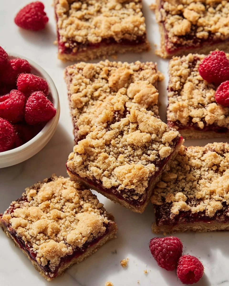 Delicious Raspberry Oatmeal Crumble Bars topped with fresh raspberries and oats.