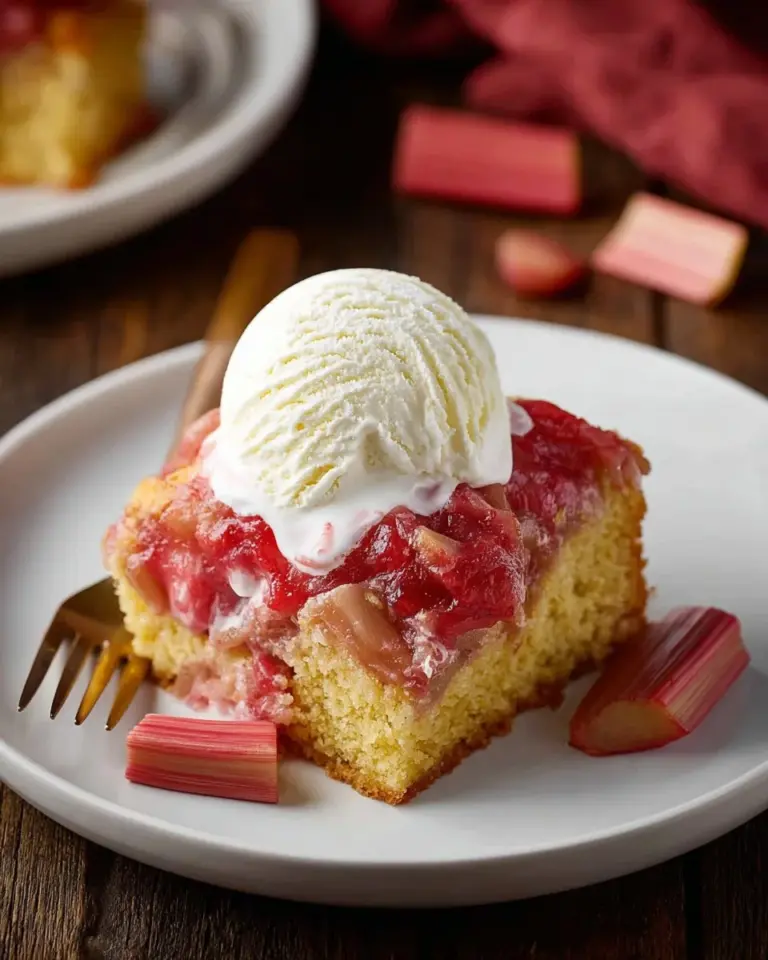 Slice of rhubarb cake drizzled with rhubarb sauce on a plate