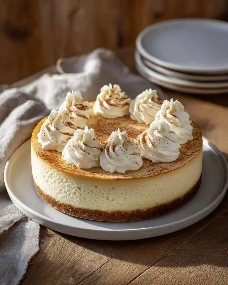 Delicious slice of RumChata Cheesecake topped with white frosting and cinnamon