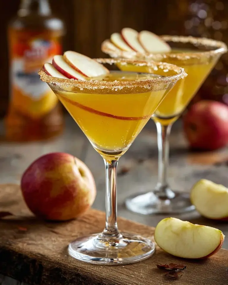 Salted Caramel Apple Martini cocktail topped with caramel and apple slices