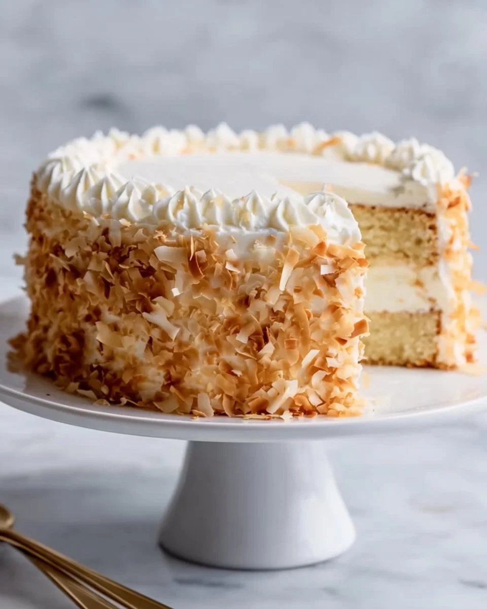 Slice of Sour Cream Coconut Cake topped with coconut flakes and whipped cream