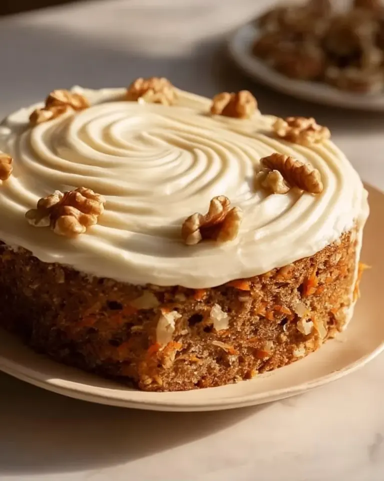Sourdough carrot cake loaf with frosting and walnuts on a wooden table
