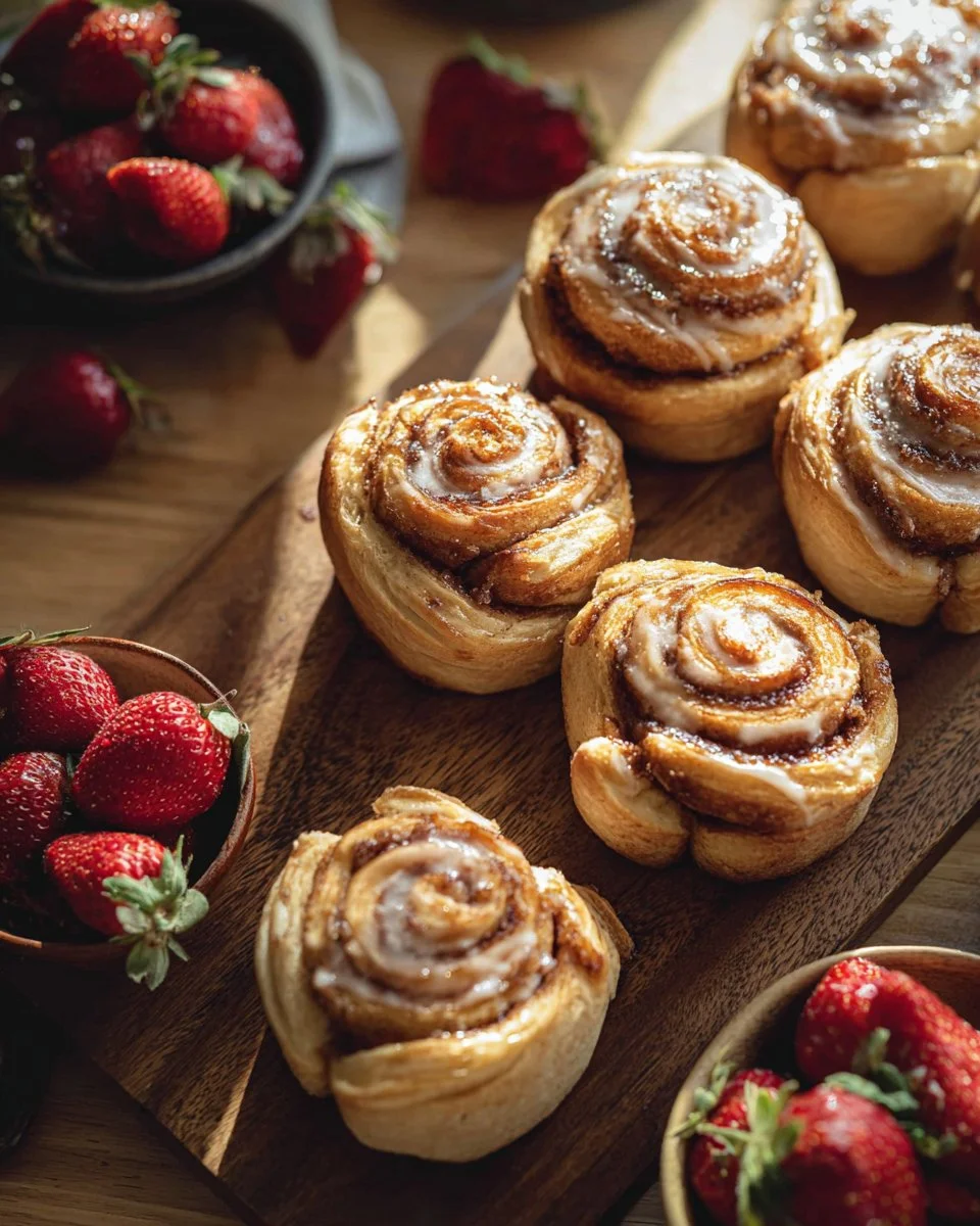 Fresh strawberries and cream cruffins on a rustic wooden table