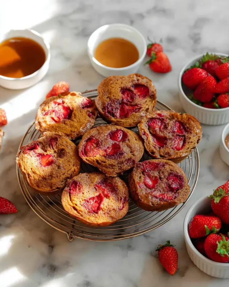 Delicious strawberry banana pancakes stacked and served with syrup.
