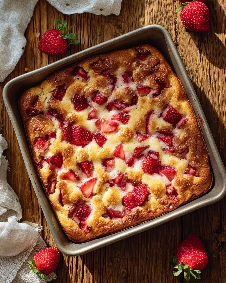 Freshly baked Strawberry Butter Swim Biscuits on a plate with strawberries.