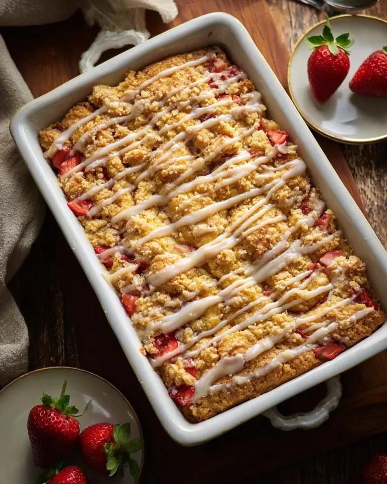 Delicious strawberry crumb cake with a golden crumb topping