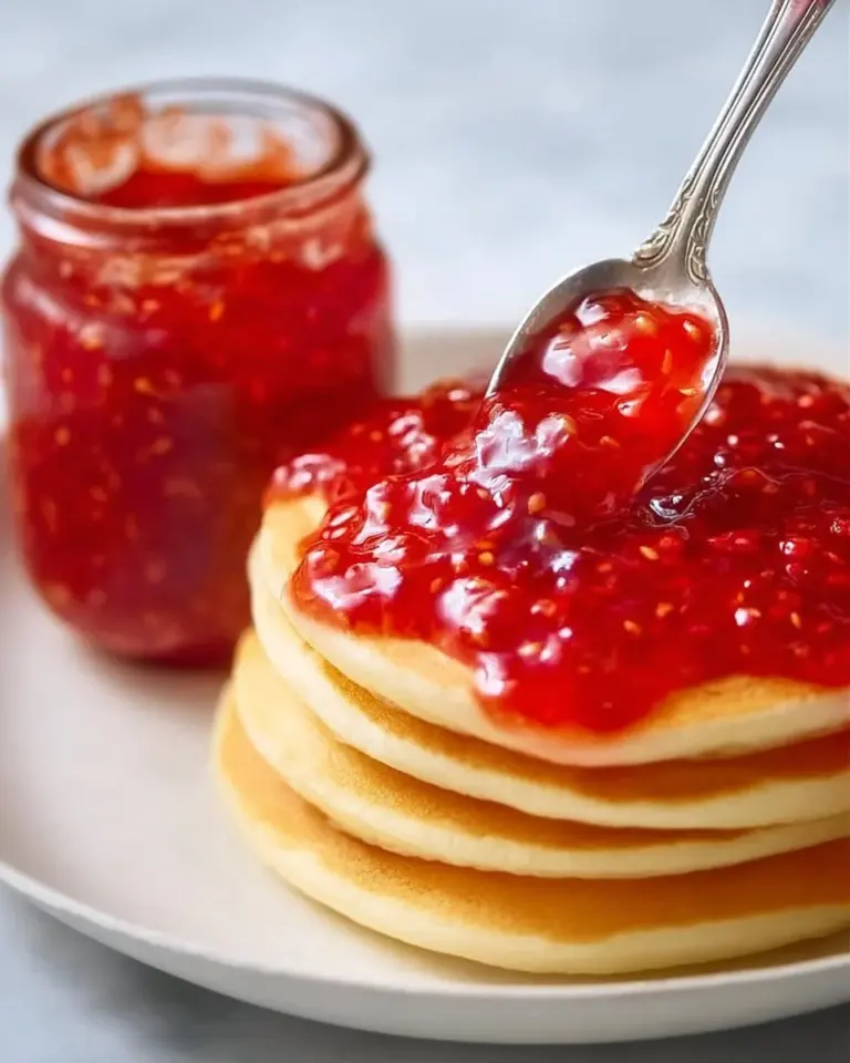 Homemade strawberry freezer jam in a jar with fresh strawberries