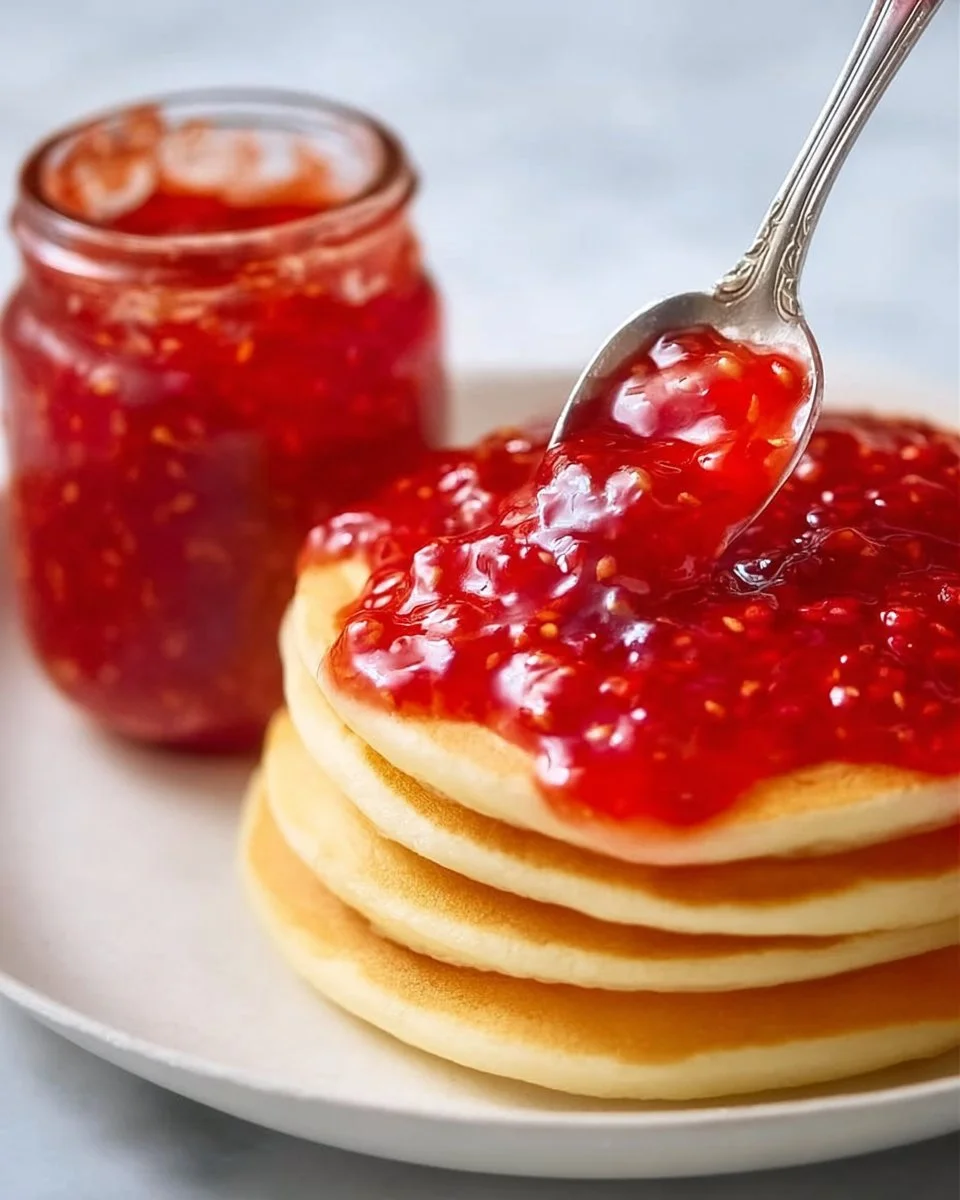 Homemade strawberry freezer jam in a jar with fresh strawberries