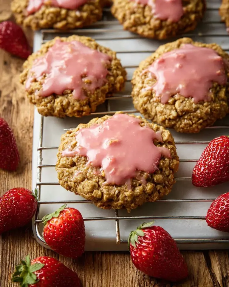 Delicious strawberry iced oatmeal cookies on a plate