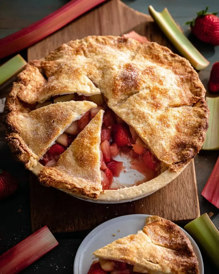 Slice of strawberry rhubarb pie garnished with fresh strawberries