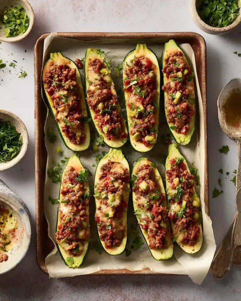 Delicious stuffed zucchini boats filled with savory ingredients.