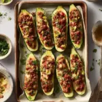 Delicious stuffed zucchini boats filled with savory ingredients.