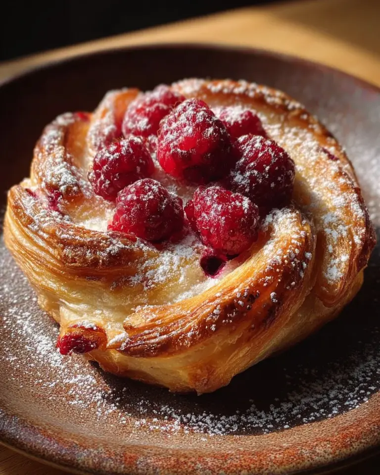 Freshly baked Sugar Raspberry Danish Bun with raspberry filling