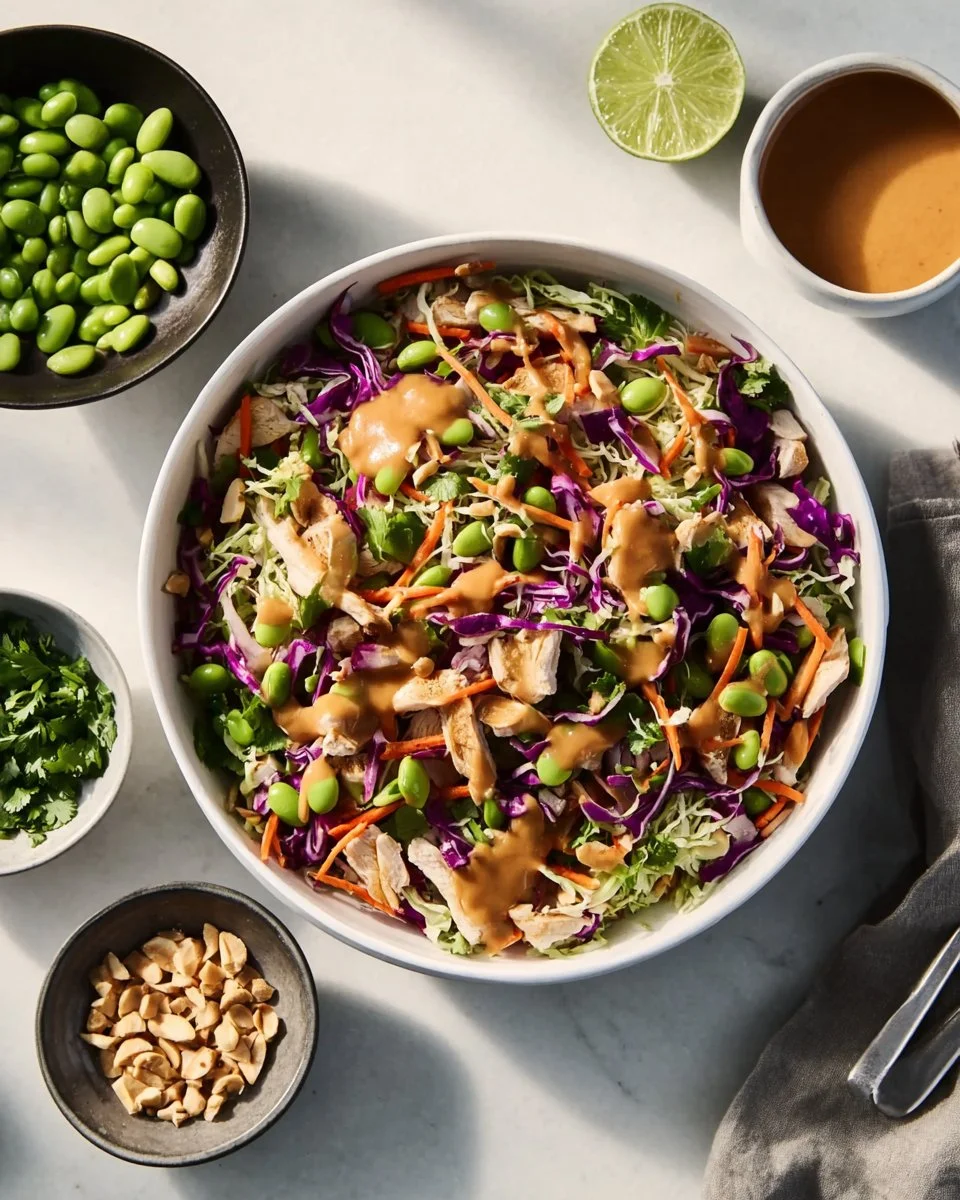 Bowl of sweet chili chicken salad topped with fresh vegetables and dressing