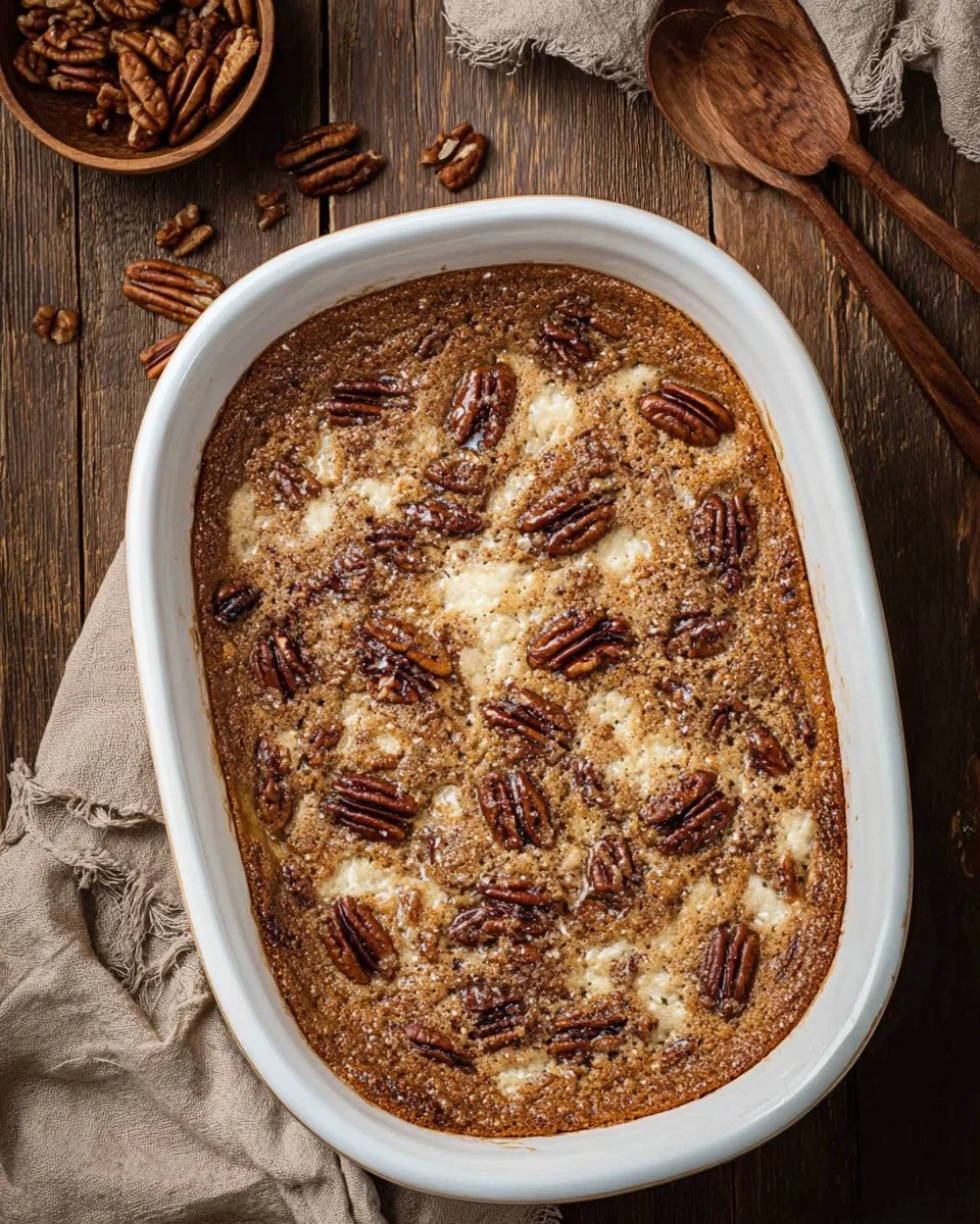 Delicious sweet potato dump cake topped with whipped cream and pecans