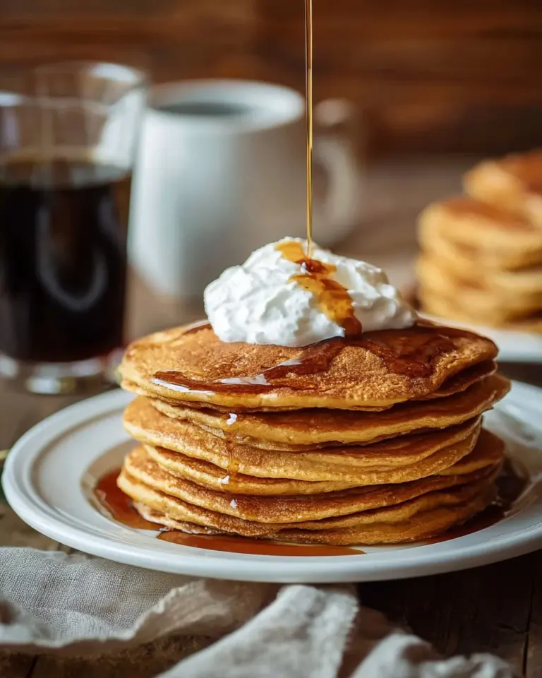Fluffy sweet potato pancakes topped with maple syrup and fresh berries