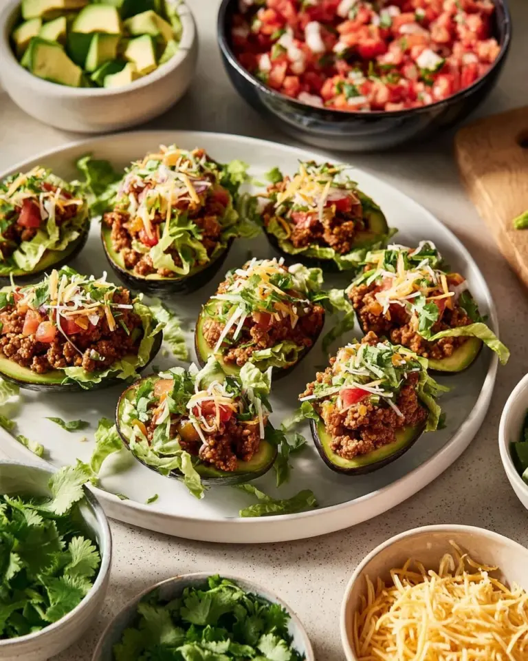 Taco stuffed avocados filled with seasoned meat and toppings on a plate.