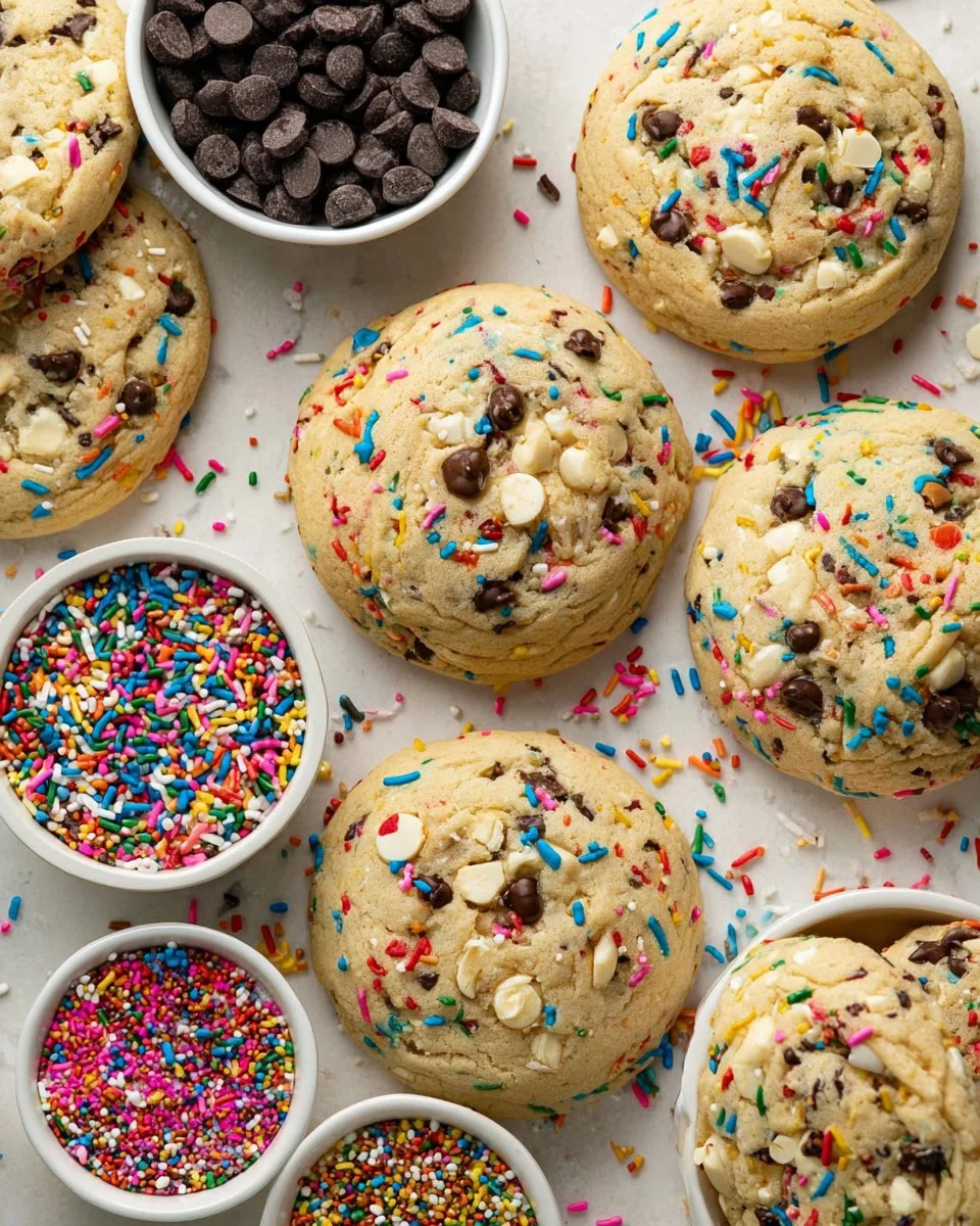 Thick and chewy sprinkles cookies fresh from the oven, decorated with colorful sprinkles
