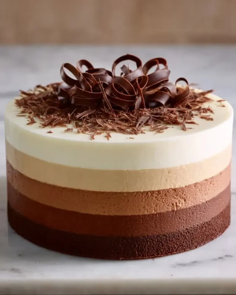 Delicious Triple Chocolate Mousse Cake layered with rich chocolate mousse