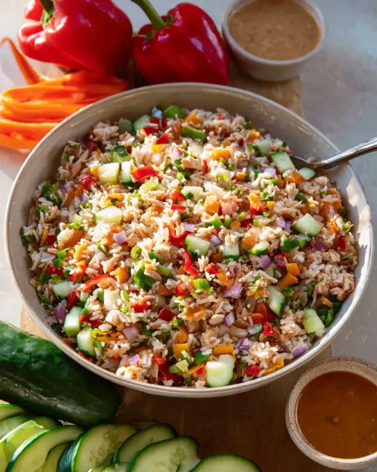 Colorful Tuna Rice Salad with vegetables and dressing for a healthy meal