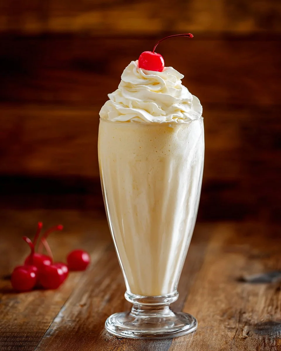 Delicious vanilla milkshake in a glass with whipped cream and a cherry on top