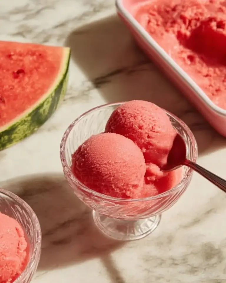 Bowl of refreshing watermelon sorbet with mint leaves for garnish