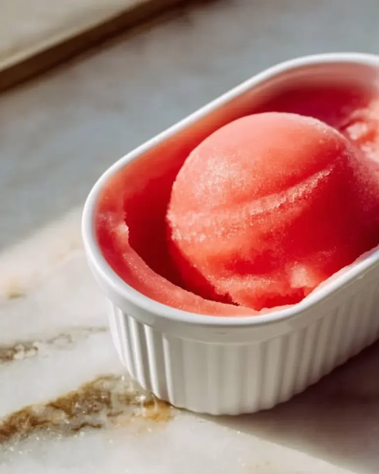 Delicious bowl of homemade Watermelon Sorbet garnished with mint leaves
