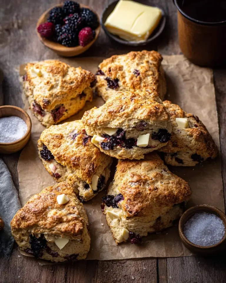Delicious white chocolate blackberry scones on a rustic wooden table