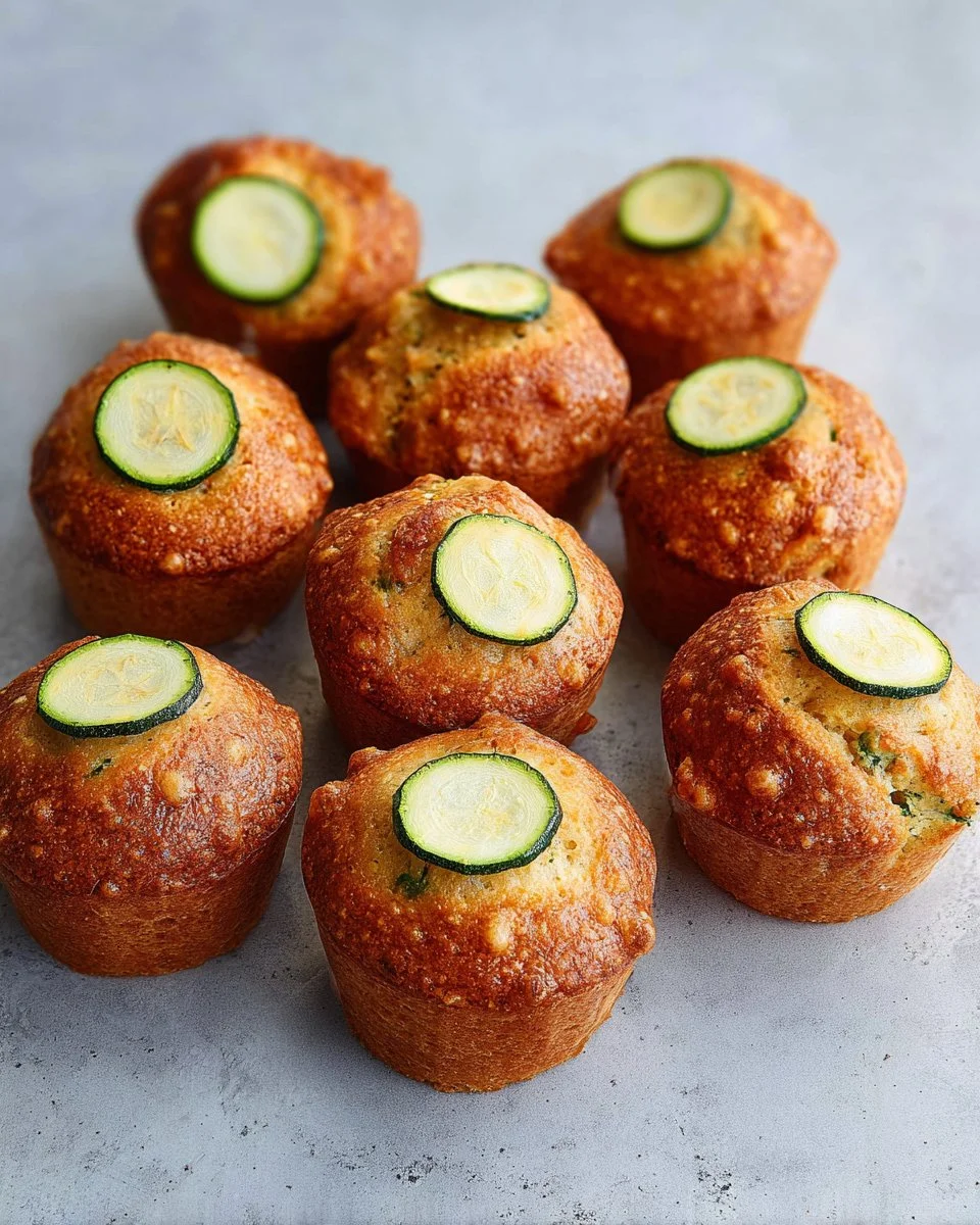 Zucchini Feta Muffins on a wooden table, garnished with herbs