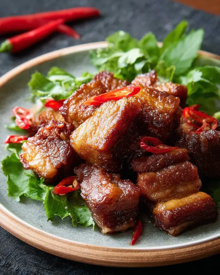 Delicious crispy pork belly Thai-style served with herbs and sauce