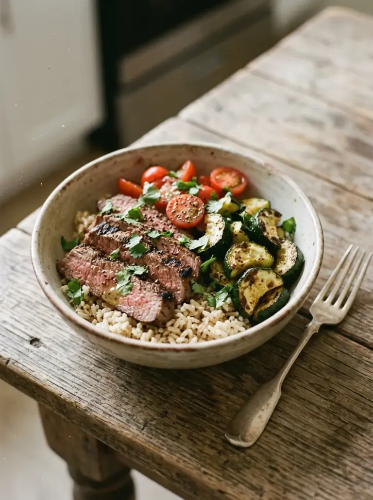 Delicious grilled steak bowl with zucchini and fresh vegetables