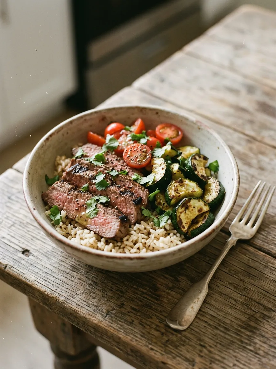Delicious grilled steak bowl with zucchini and fresh vegetables