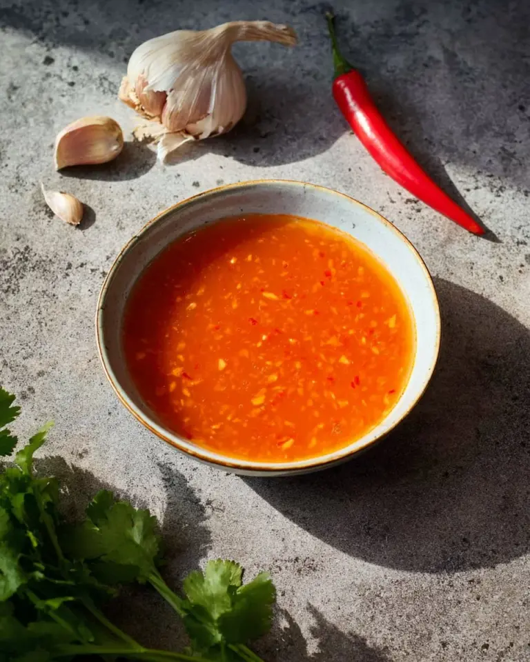 Bottle of homemade Thai Salad Dressing with fresh herbs and spices