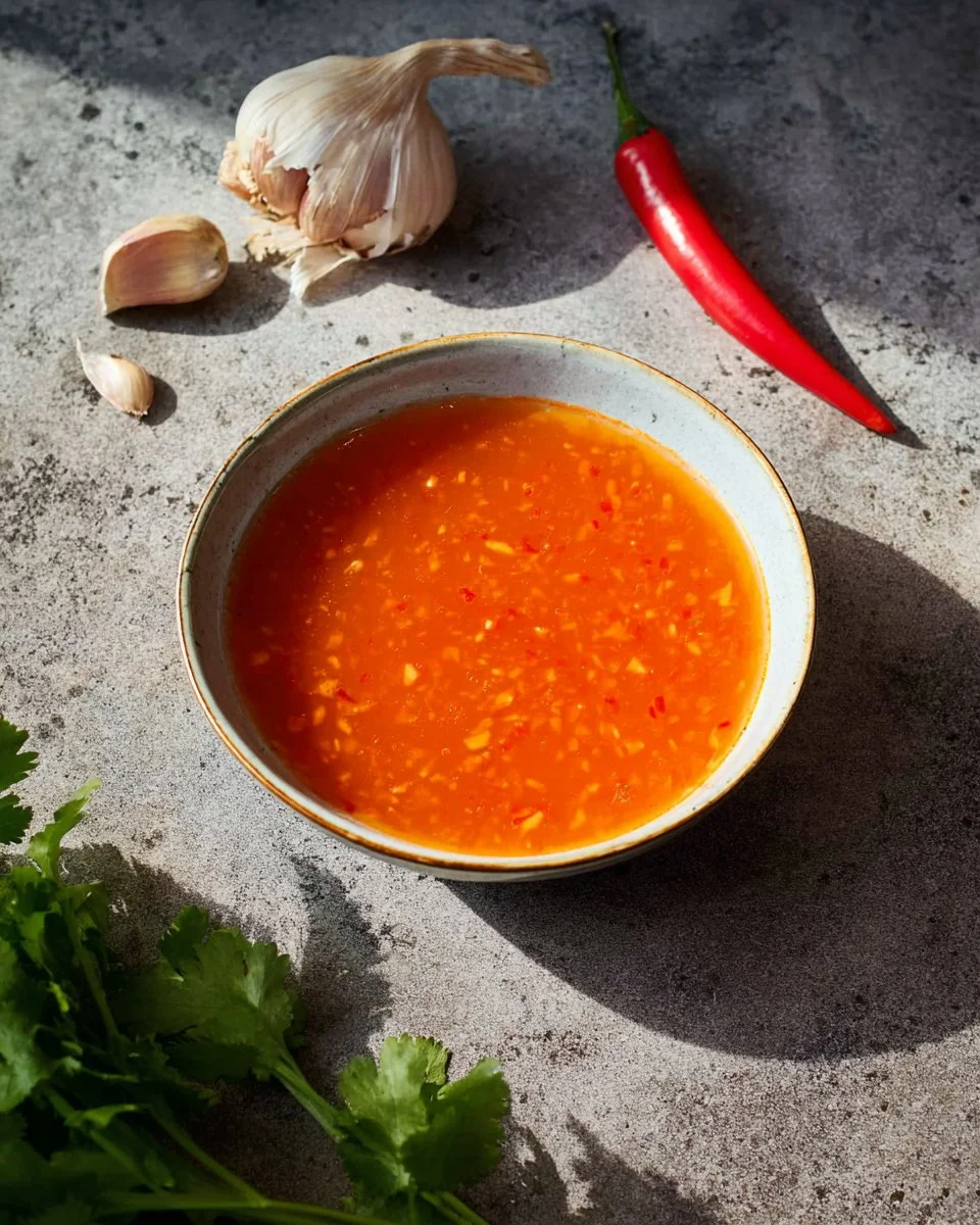 Bottle of homemade Thai Salad Dressing with fresh herbs and spices