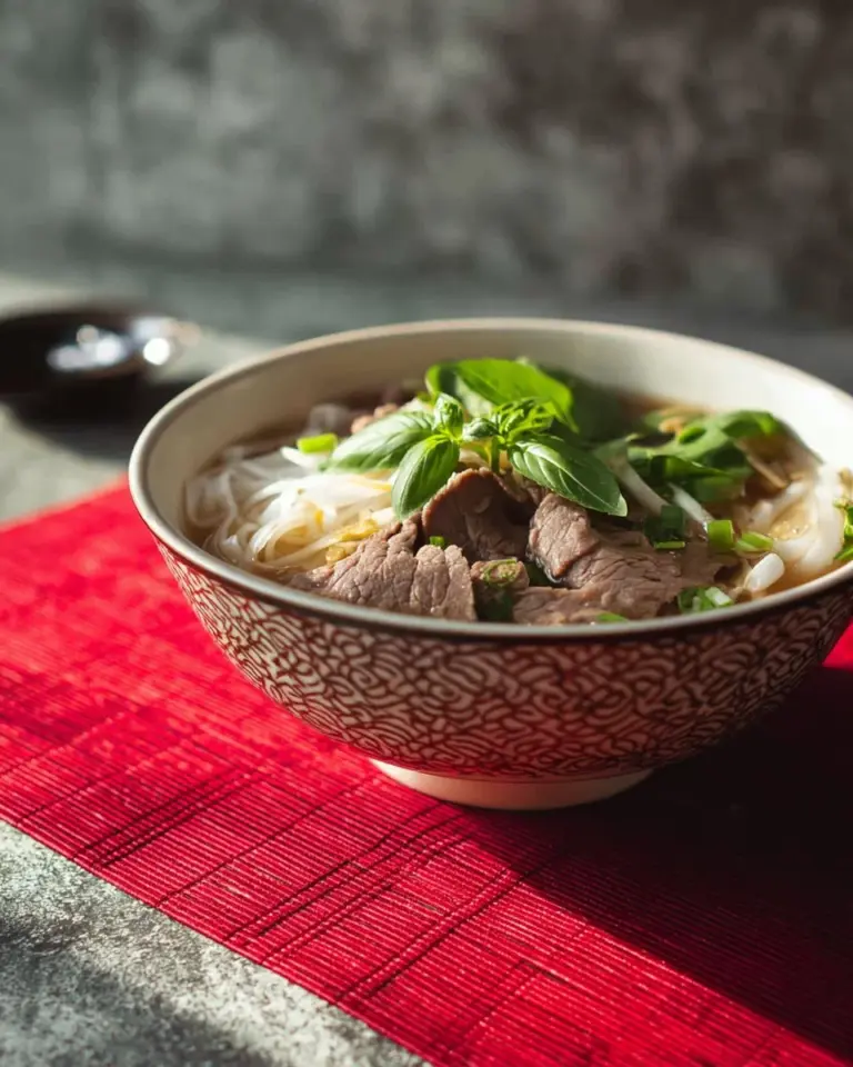 Aunty's signature beef pho in a bowl with fresh herbs and spices