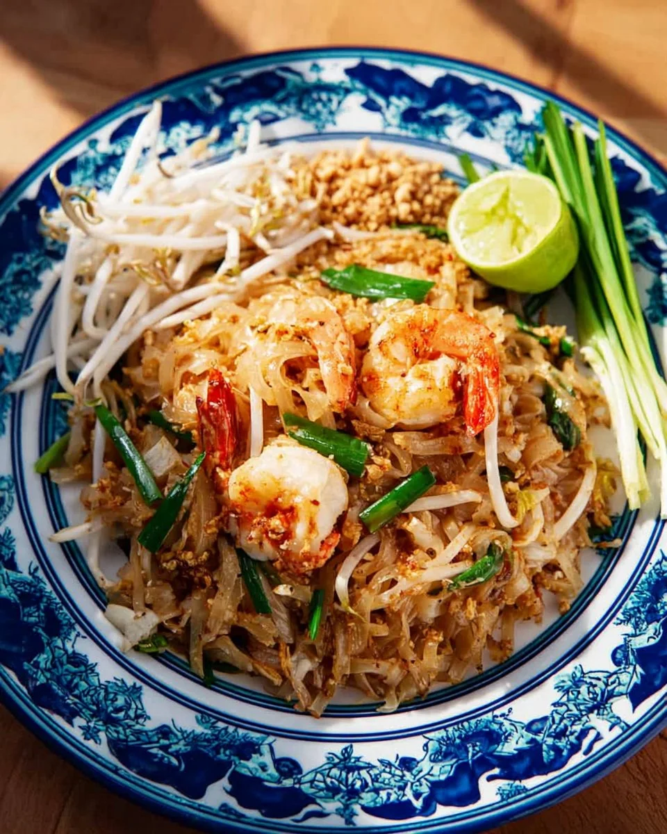 Plate of authentic Pad Thai garnished with lime and peanuts