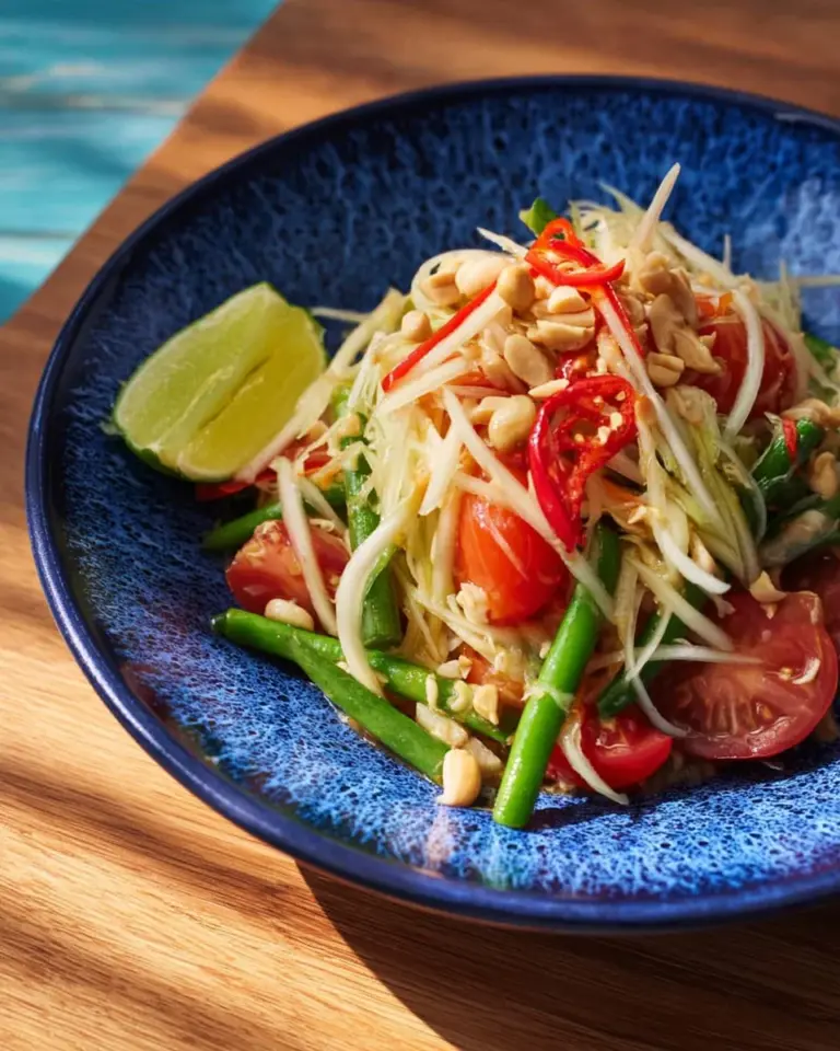 Bowl of authentic Thai Papaya Salad (Som Tum Thai) made with fresh ingredients
