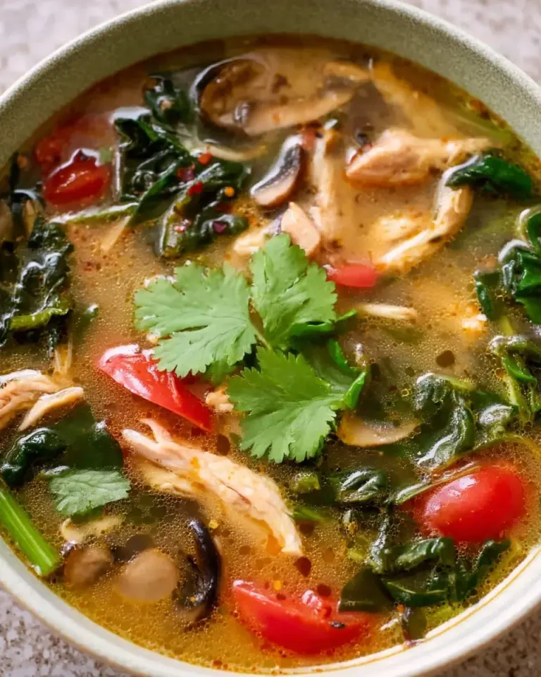 Bowl of authentic Thai Tom Yum Soup with chicken garnished with herbs.