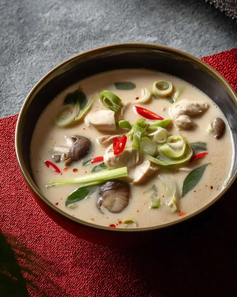 Bowl of authentic Tom Kha Gai, Thai coconut chicken soup with herbs